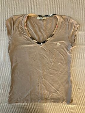 Burberry London Taupe V-Neck Nova Check Trim Tee Shirt Size S